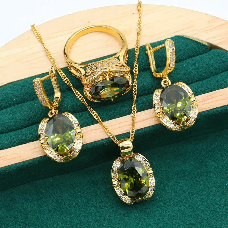 Olive green full rhinestone zircon jewellery set with snake bone chain necklace, earrings, and ring.