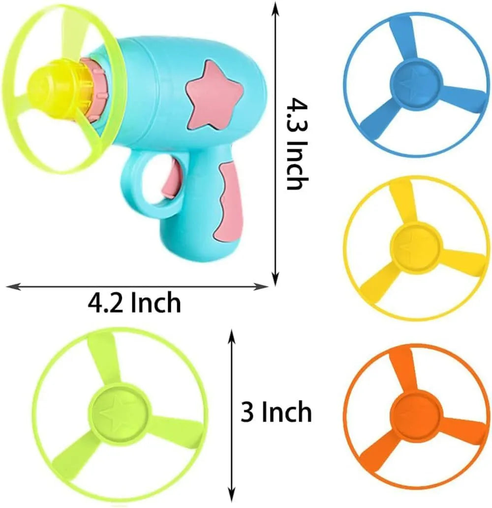 Blue plastic cat toy gun with spinning Frisbee ready for launch