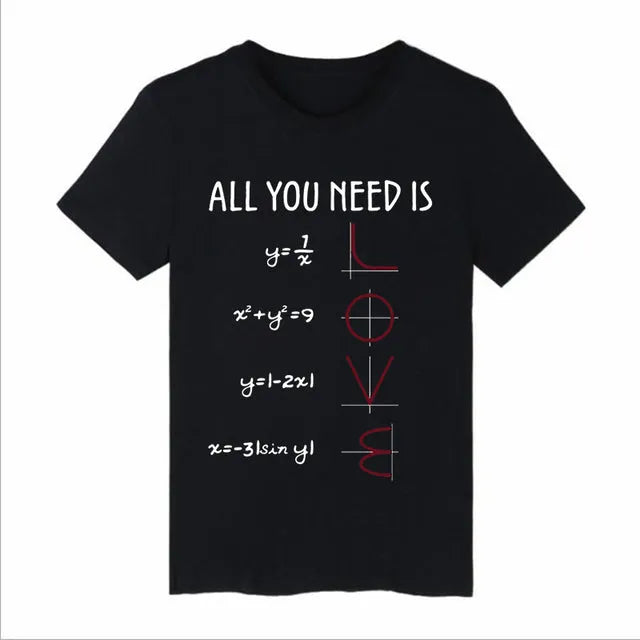 Men's black cotton short-sleeved round-neck T-shirt with white mathematics pun pattern
