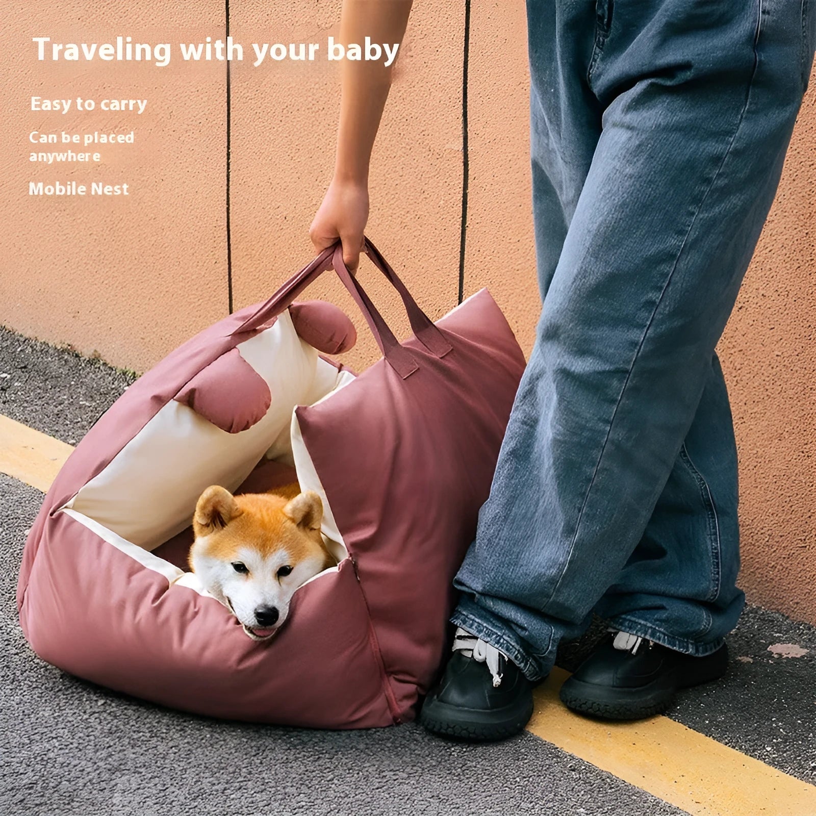 Universal removable washable dog car kennel shown in beige, with two size options for vehicle travel.