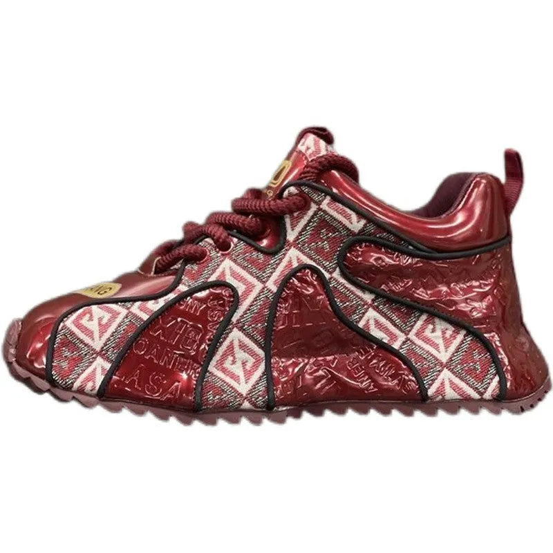 Men's beige casual platform lace-up pumps with embroidery details on a round toe and thick rubber sole.