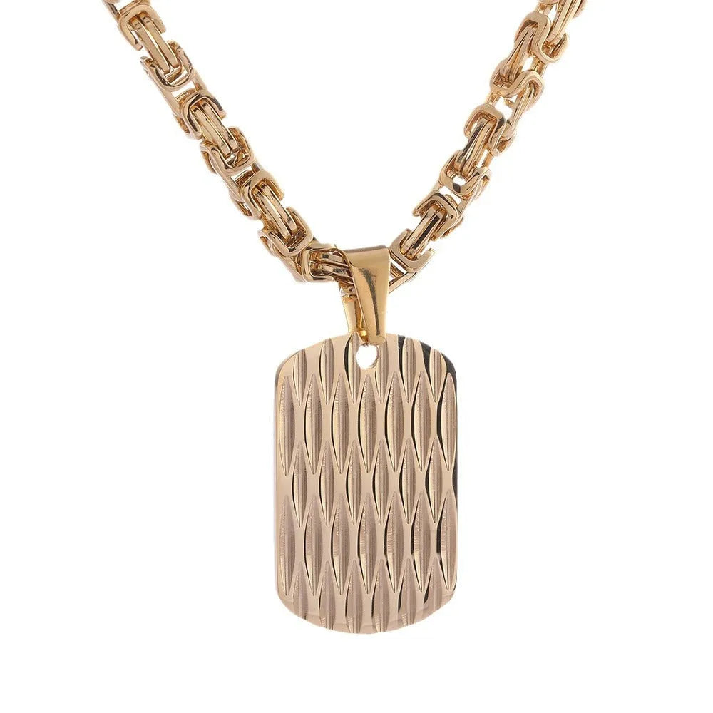 Titanium steel men's necklace with water ripple pendant on Emperor Chain in gold, silver, or black finish