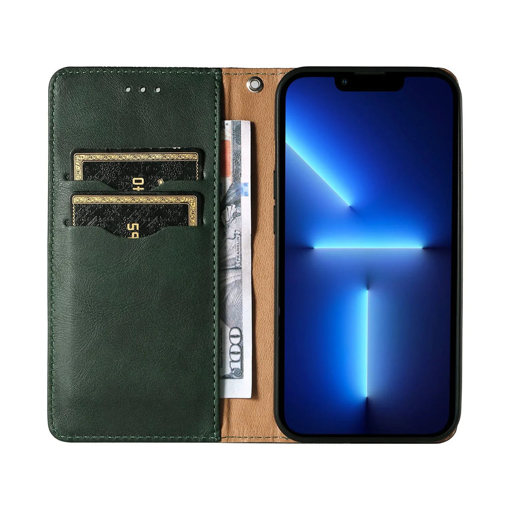 Embossed leather flip phone case in black for iPhone, showing front cover closed.