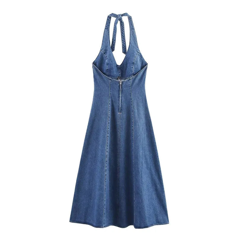 Off-the-shoulder backless halter neck denim dress for women with lace-up front and A-line skirt in picture colour