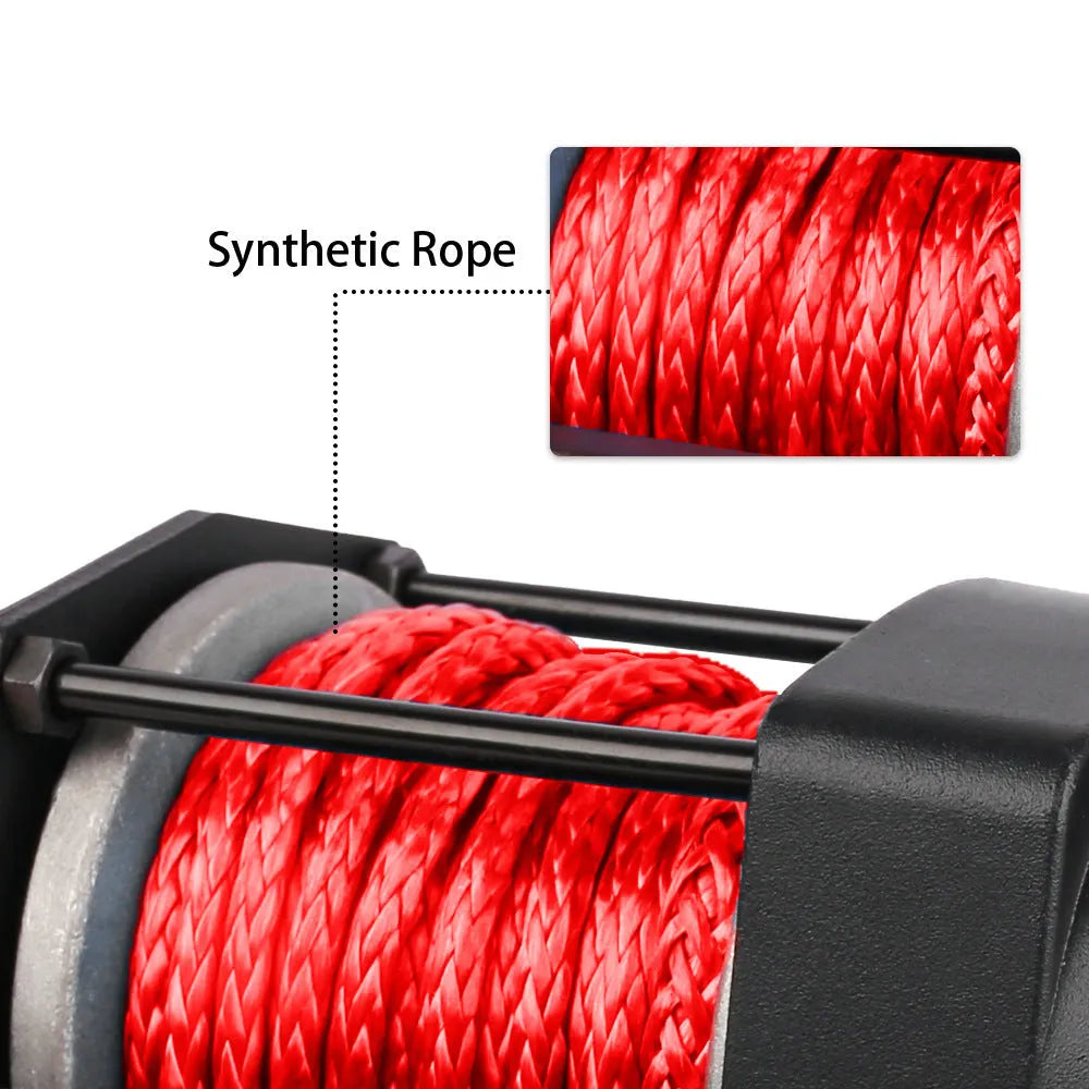 3000 lb electric winch with nylon rope, black, for off road vehicle self rescue, with mounting plate and remote controls