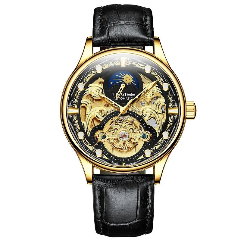 Men's gold and white leather strap automatic waterproof business watch with 16mm case
