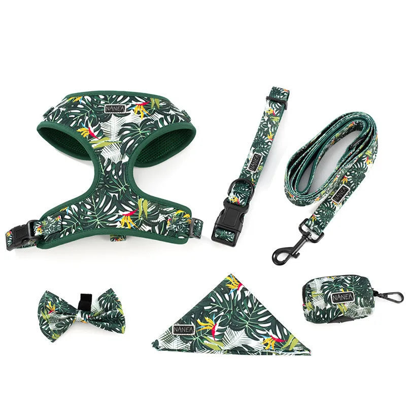 Adjustable cloth dog harness vest set with haulage rope, collar, waste bag and accessories