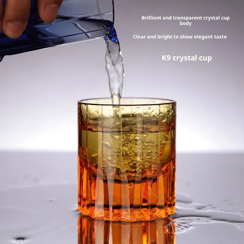 European-style whiskey shot glass in transparent K9 crystal, 701-800ml capacity, flowering design, single cup.