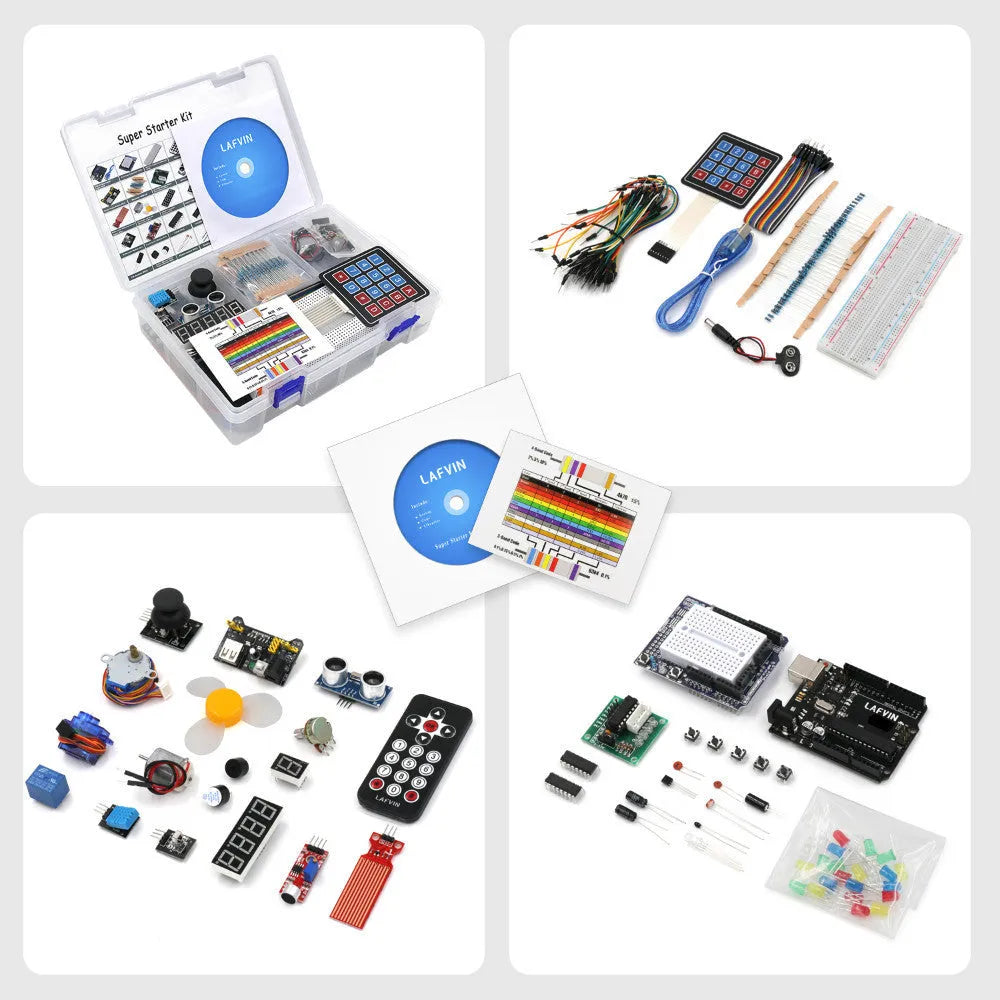 LAFVIN Arduino UNO R3 Super Starter Kit with blue board, components, and tutorial CD