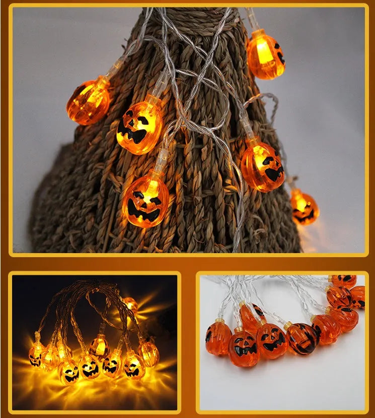 Halloween LED string lights with bat, ghost, pumpkin, and spider pendants on a 1.2 metre white wire.