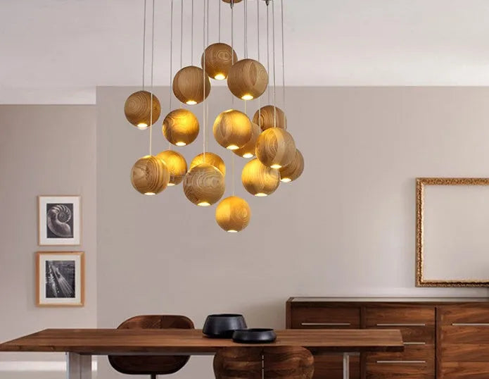 Nordic style wood ball chandelier hanging pendant light with adjustable height.