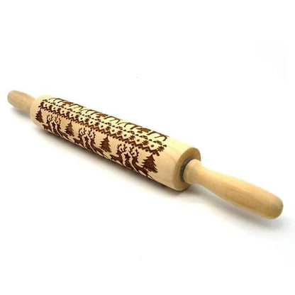 Personalized Christmas rolling pin with a variety of embossed holiday designs, including snowflakes, reindeer, and Merry Christmas patterns