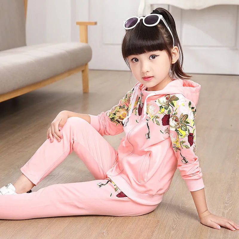 Children's pink red yellow hooded tracksuit set for middle school kids with size chart
