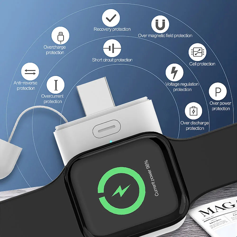 White portable magnetic wireless charger for Apple Watch with 1000mAh capacity