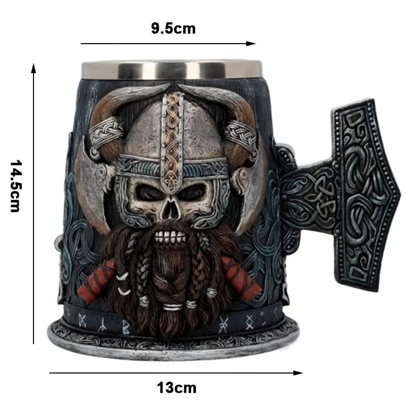 Viking Pirate Beer Mug hand-painted black resin with removable stainless steel insert, runic base and Mjolnir handle