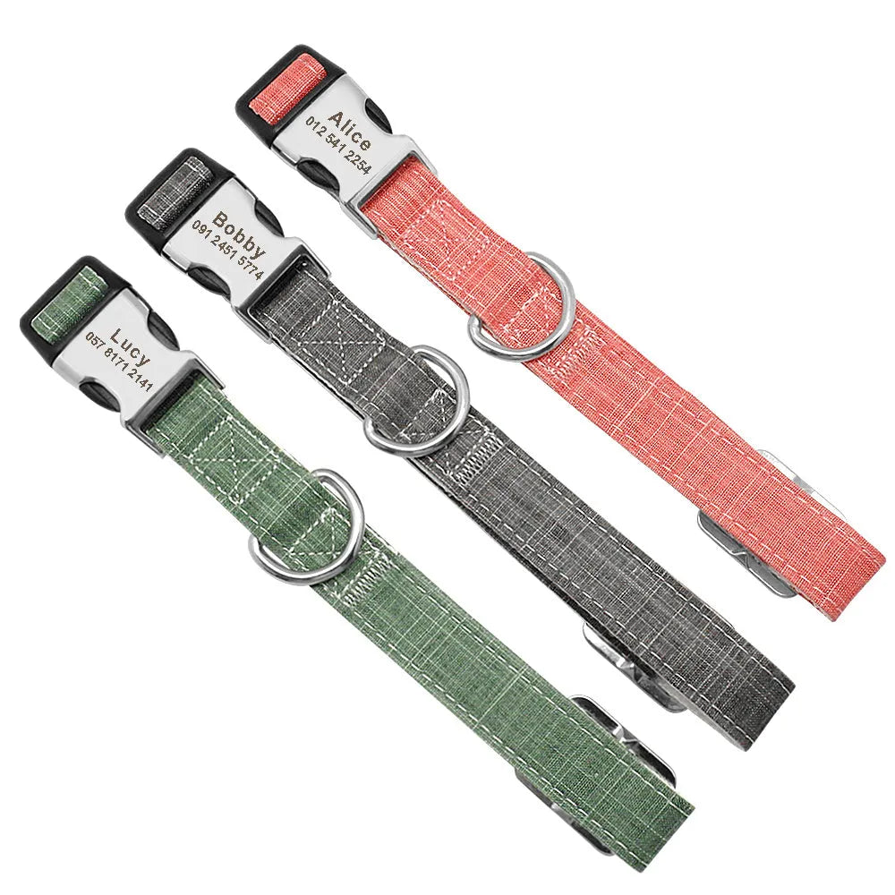 Custom nylon dog collar with engraved text in red colour, adjustable buckle, for medium large dogs