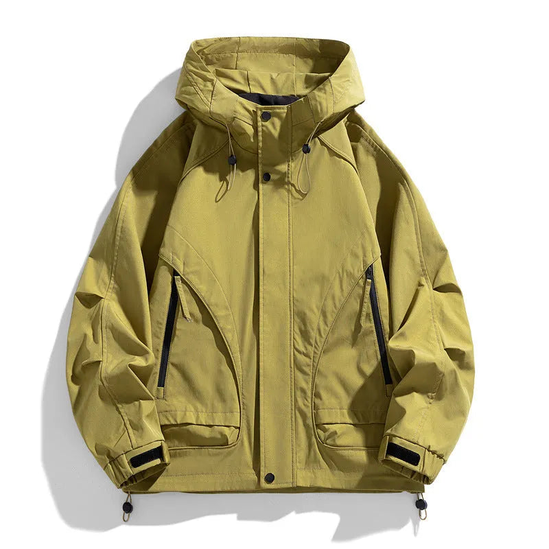 Men's hooded trench coat in black, thin dacron, loose fit, zip pocket, long sleeves, spring autumn jacket.