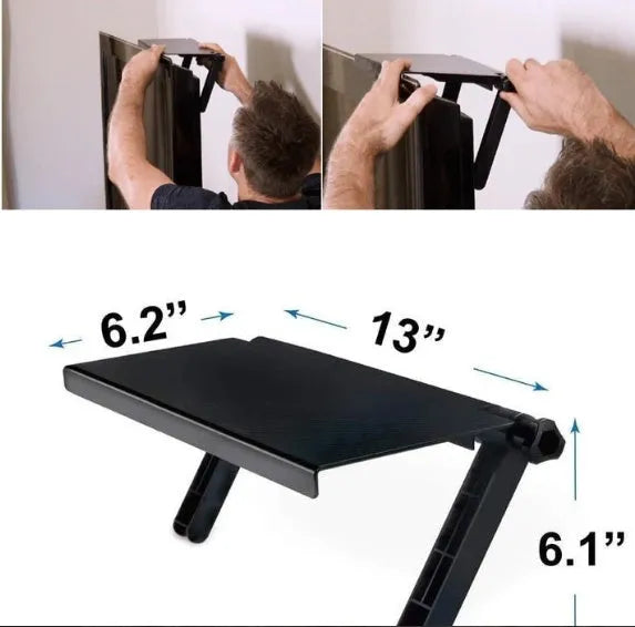Black adjustable screen top shelf, 13-inch wide, mounted on TV, holding streaming device and remote