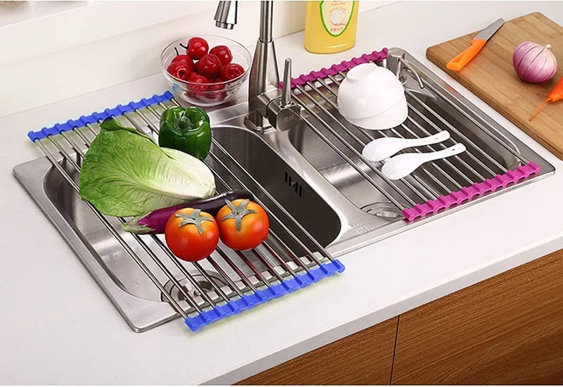 Folding stainless steel and PP kitchen sink drying rack shown in red, collapsed and open.