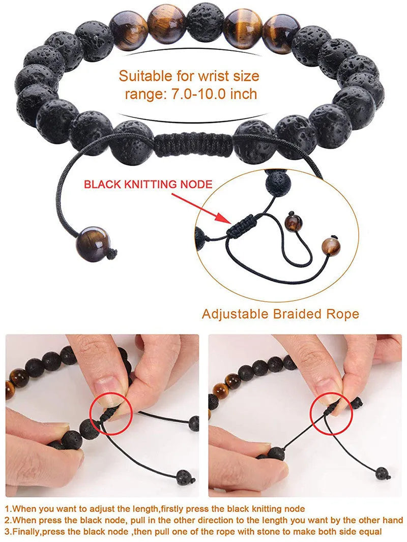 Matte black agate geometric bead couple bracelets on a white background.