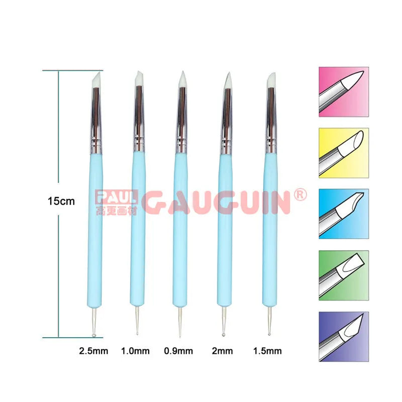 Five double-ended nail art and sculpture tools with silicone tips and wooden handles in light blue, light green, and pink