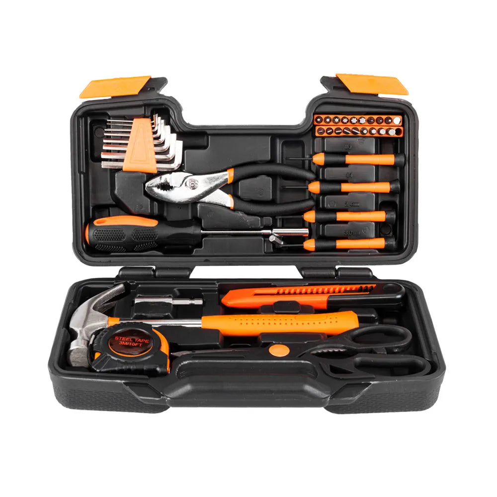 39 piece multipurpose hardware tool set in orange with steel tools laid out on a white background