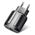 Compact black and white mobile phone chargers with EU UK US adapter options