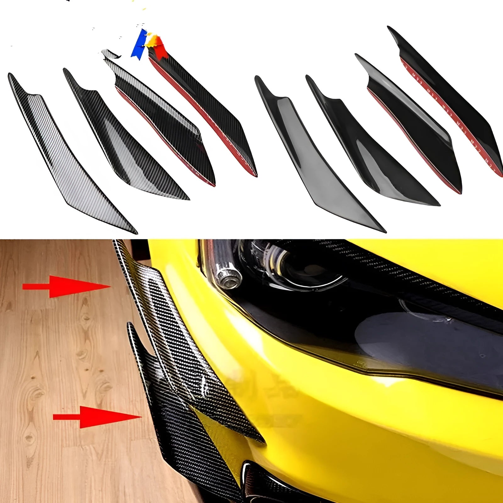 Set of four ABS plastic bumper air knife spoilers in a carbon fibre finish for car modification.