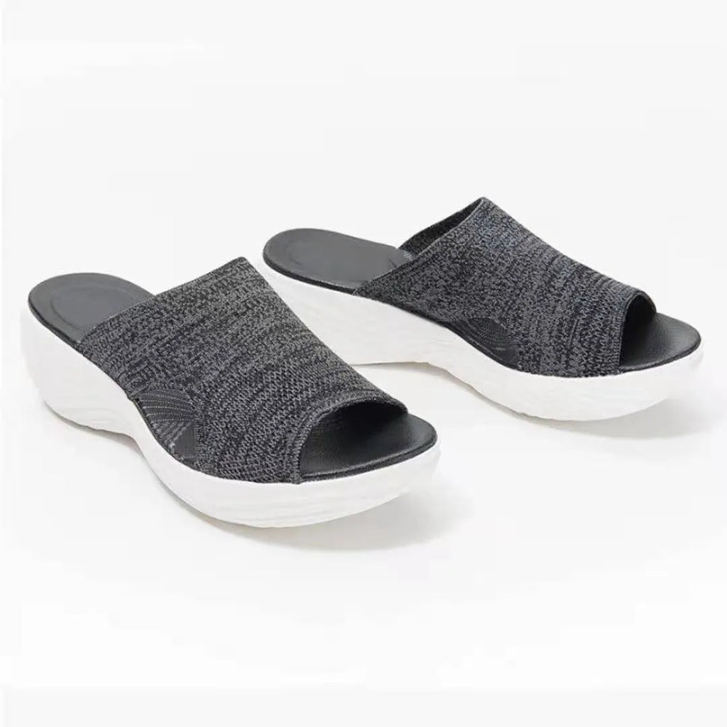 Women's lightweight mesh flat slide sandals in blue, grey and pink, sizes 35 to 43