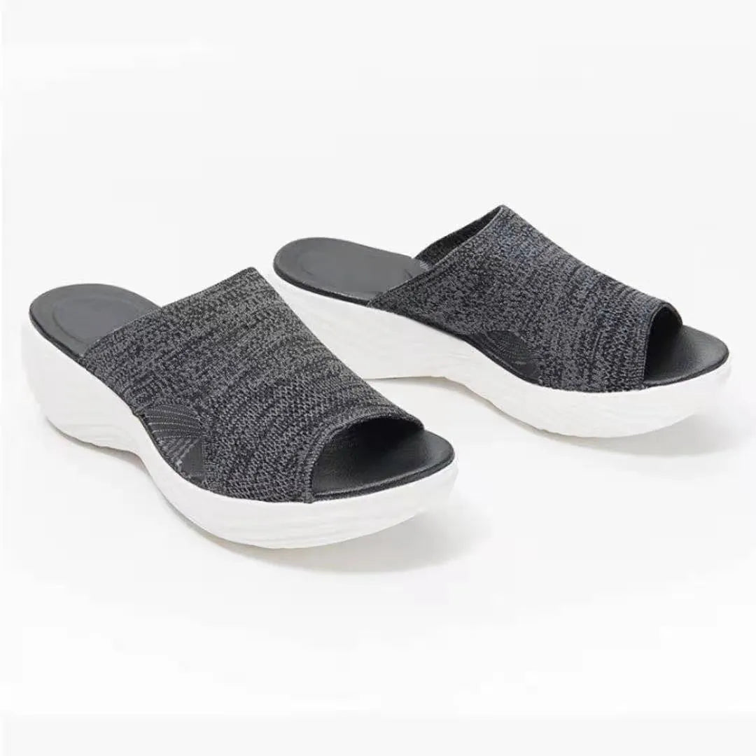 Women's lightweight mesh flat slide sandals in blue, grey and pink, sizes 35 to 43