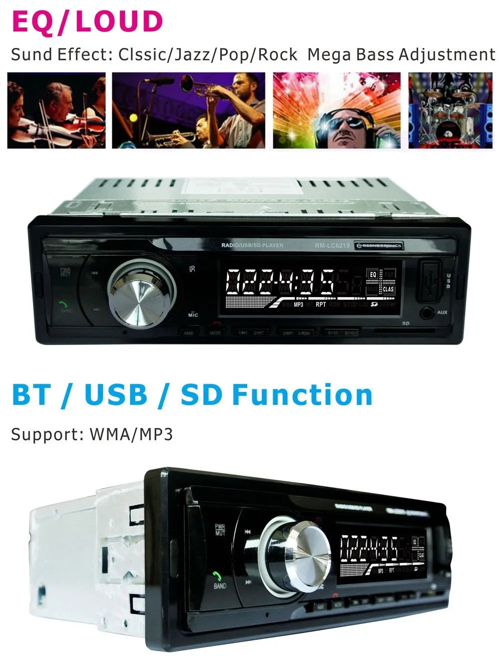 Car Bluetooth stereo receiver with front panel showing USB, SD card slots, and auxiliary input port
