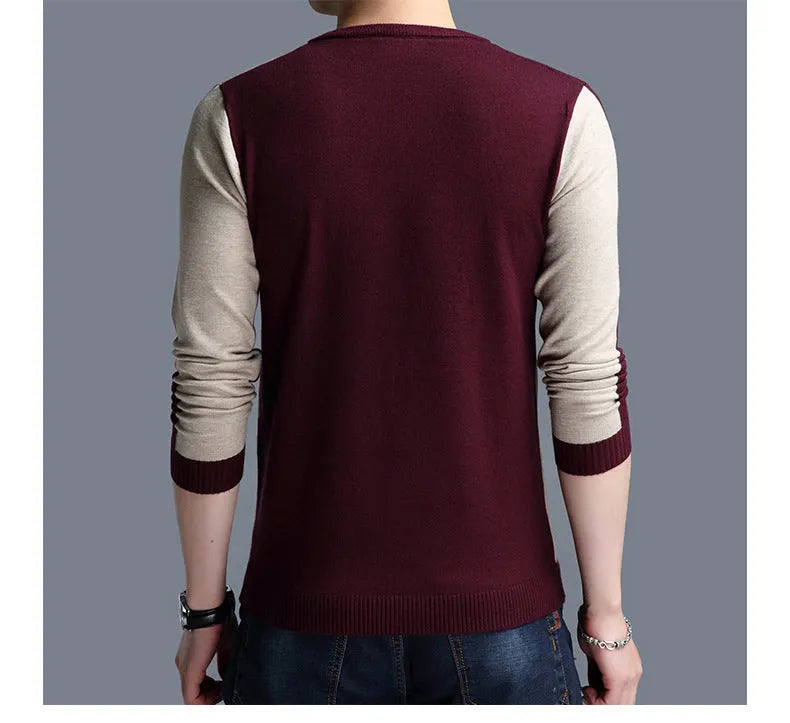 Men's wool crew neck pullover sweater in dark blue, shown on a model
