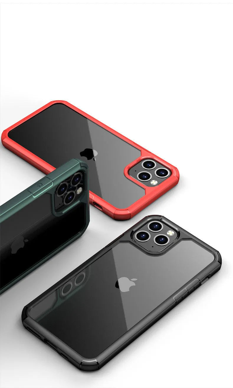 Transparent dual-material phone case set in red, green, and black for iPhone and Galaxy S20.