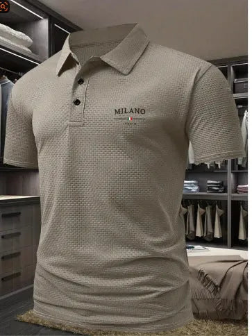 Men's loose fit lapel shirt polo in pinhole fabric, short sleeves, solid colour