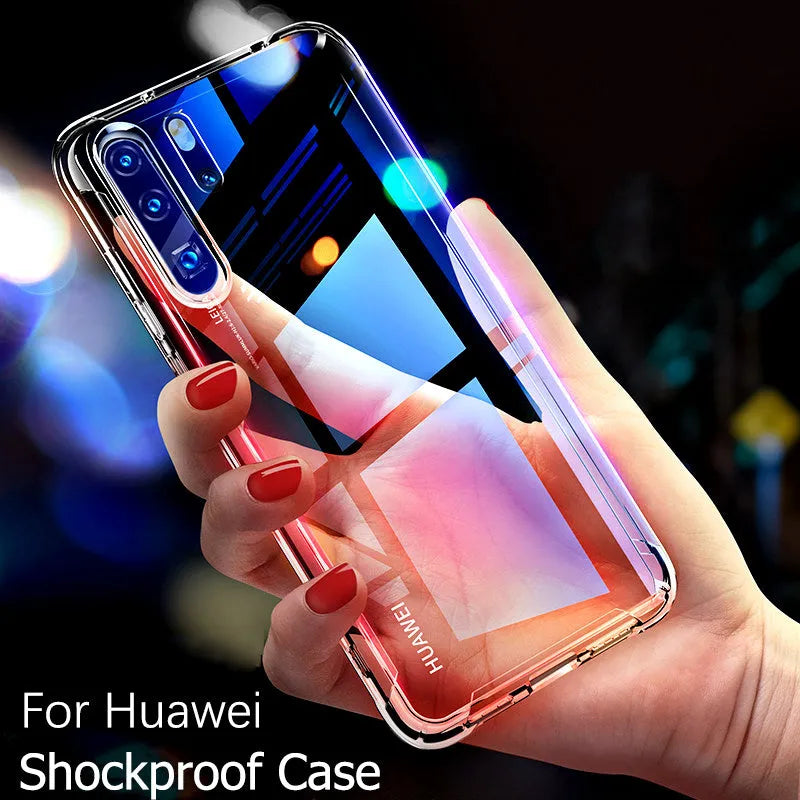 Transparent TPU phone case for Huawei and Honor smartphones showing clear design and model compatibility