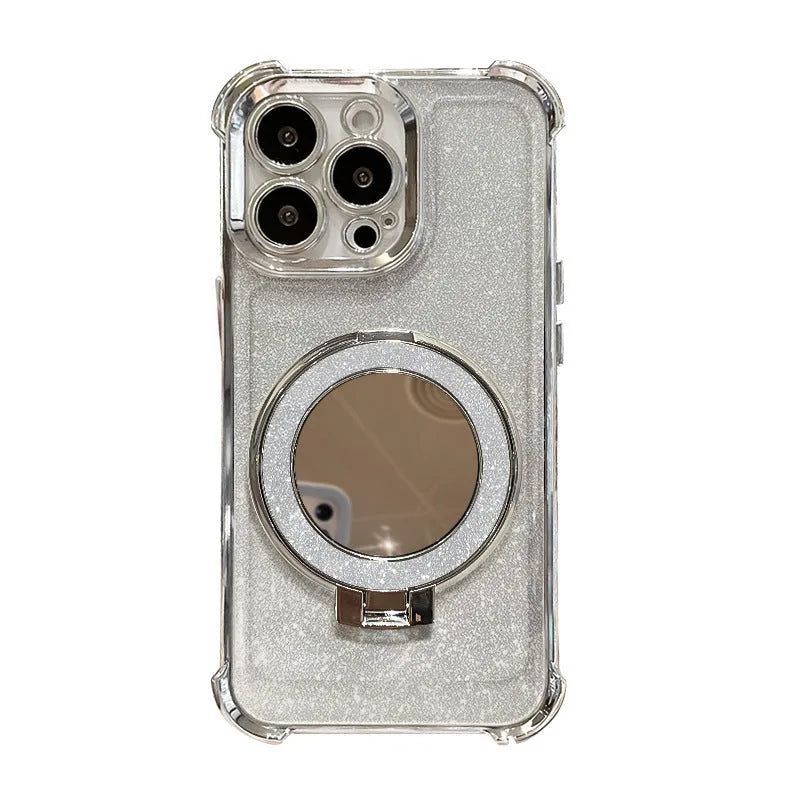 Glitter electroplated drop-resistant phone case for iPhone 16 with folding bracket and mirror finish in black