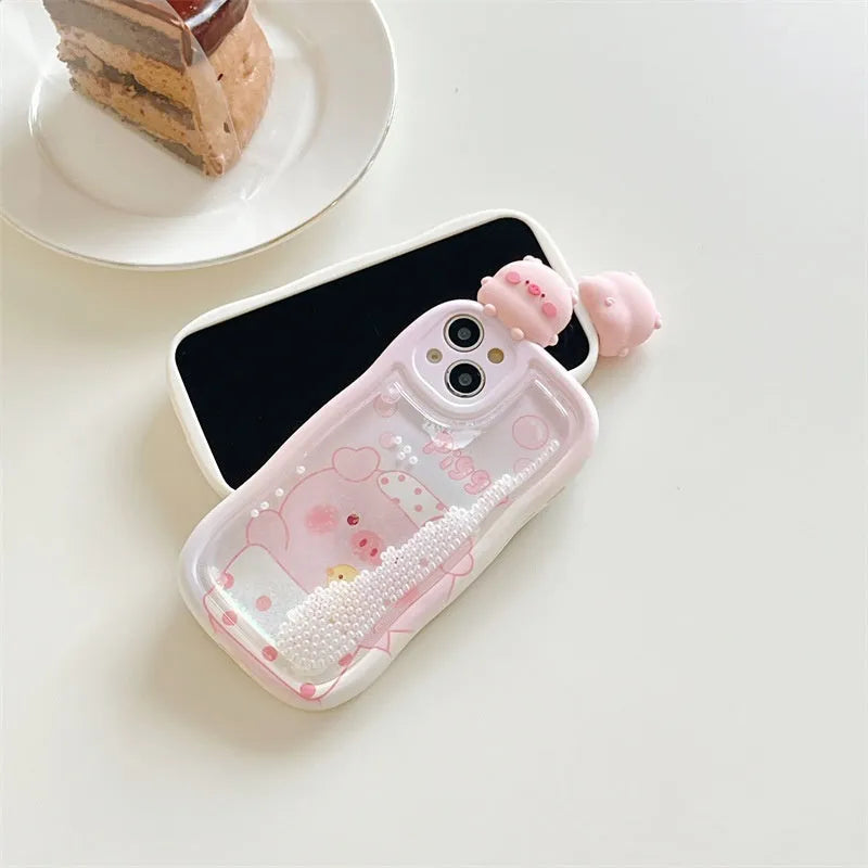 Pink lying pig quicksand phone case for iPhone with moving liquid inside water bag