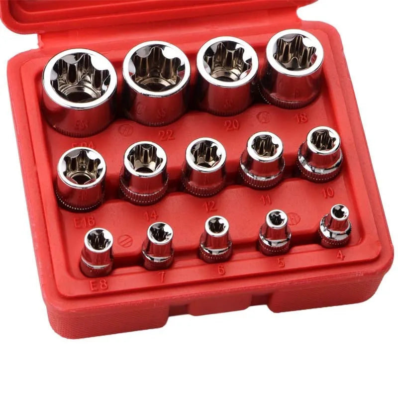 Red box containing a 14-piece set of chrome vanadium steel E-type sockets for auto and mechanical repair