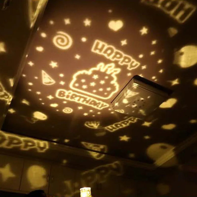 Sky Fall projector night light for kids showing constellation projection on a ceiling, USB powered, with five film discs