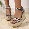 Belt buckle new leopard wedge women's sandals in brown leopard print with rubber sole and round toe