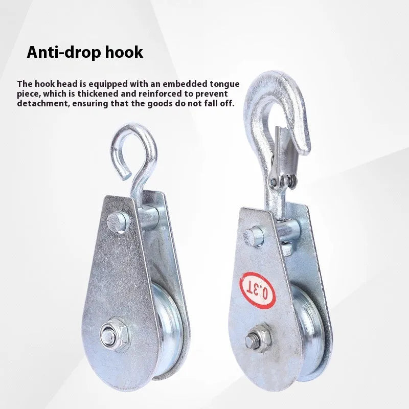 Red industrial lifting pulley with a forged steel hook and safety latch, rated for general lifting use.