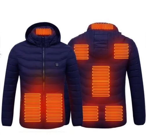 USB heated jacket with carbon fibre heating wire, removable hood, and three heat settings in black Blue Zone 2 colour variant