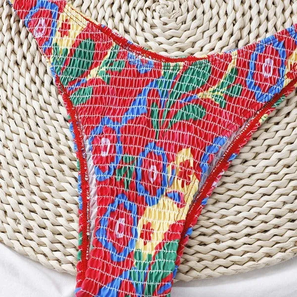 Red floral print women's underwire triangle bikini top and briefs set