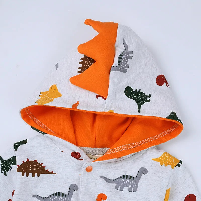 Dinosaur baby bodysuit in grey, blue, or pink with long sleeves, hood, and cotton fabric, Europe and America style