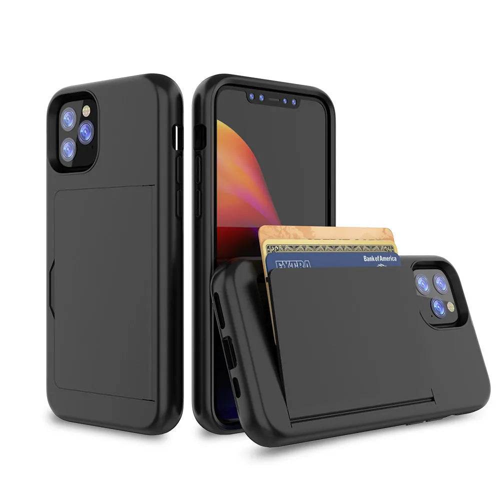 Simple solid colour mobile phone case for iPhone 11, Pro and Pro Max in black, shown from the back.