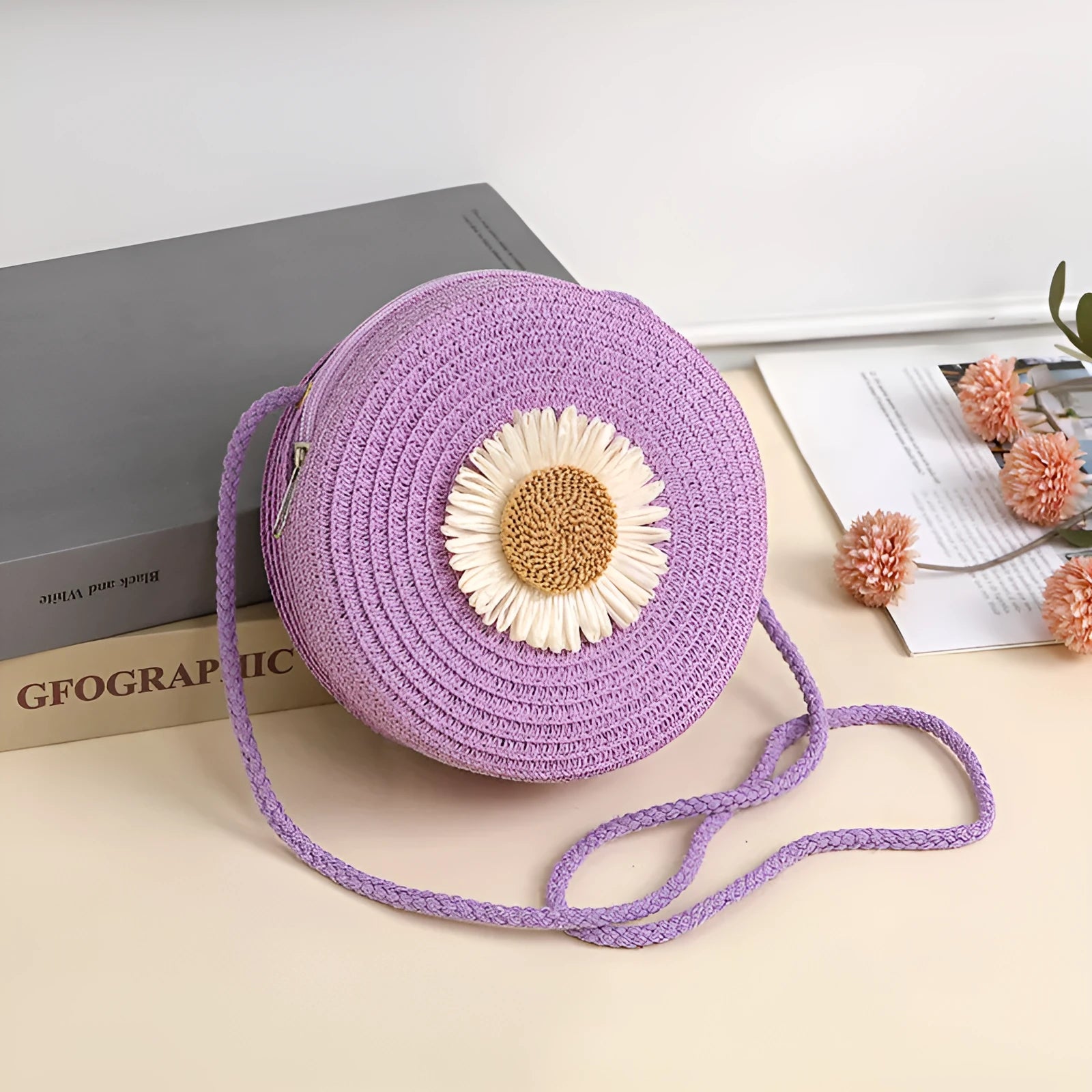 Raffia woven crossbody mobile phone bag in pastoral style with visible straw weaving pattern