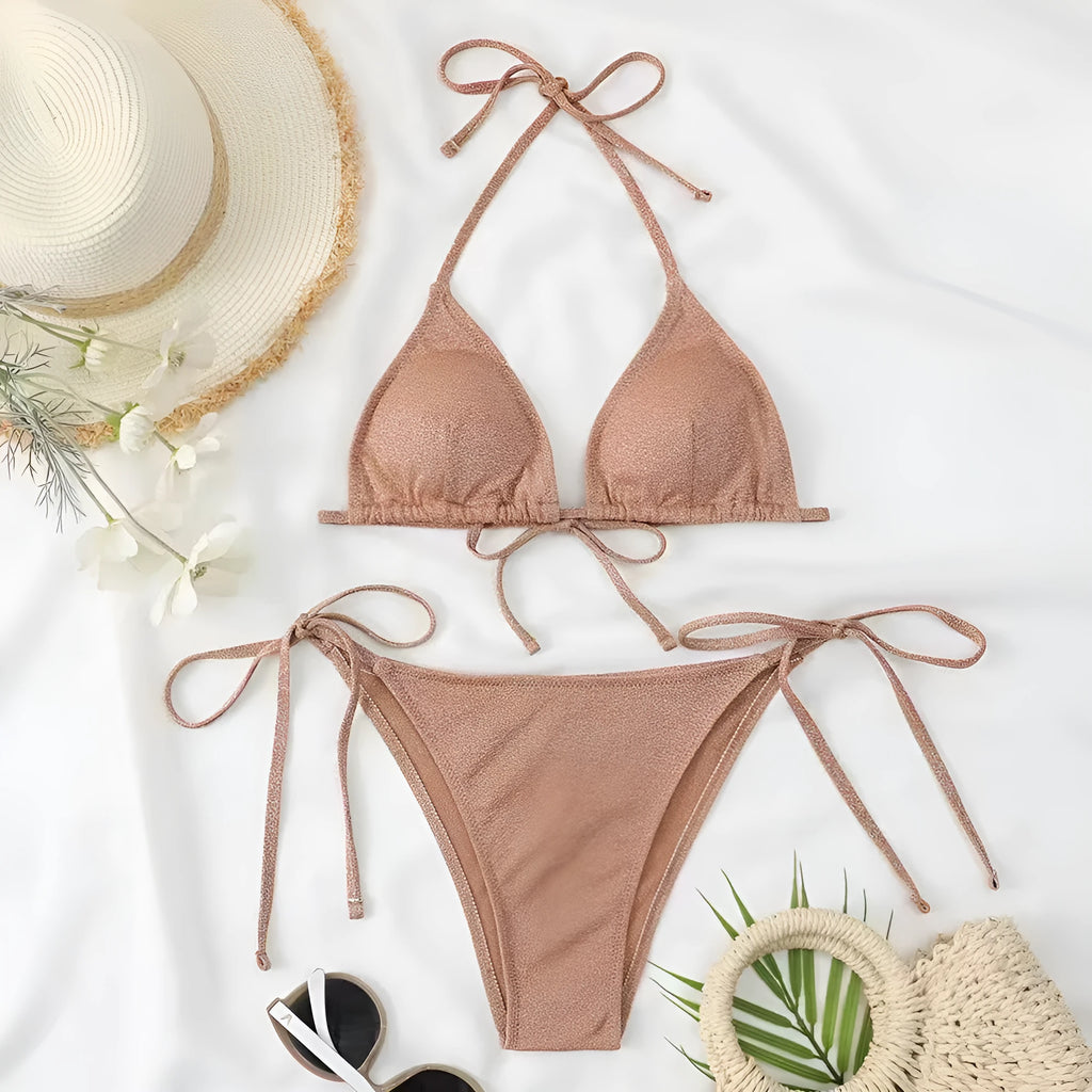 Women's khaki gold bandage bikini swimsuit with split hip detail on the briefs.