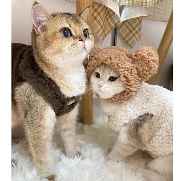 Apricot and brown polar fleece cat vest shown in sizes XS to XL for winter warmth.