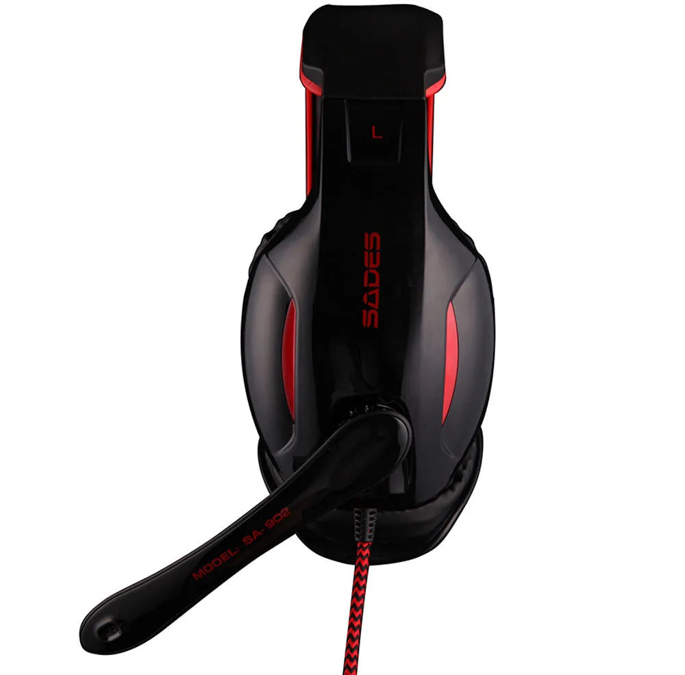 Black SADES SA902 wired USB gaming headset with LED lights and over-ear design.