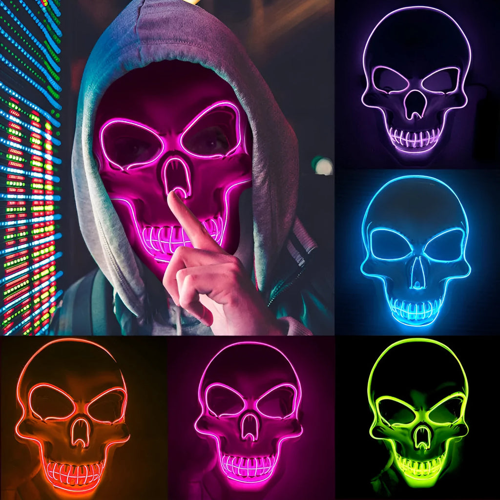 LED light-up plastic skeleton mask showing eyes, nose and mouth areas in blue colour with flashing lights
